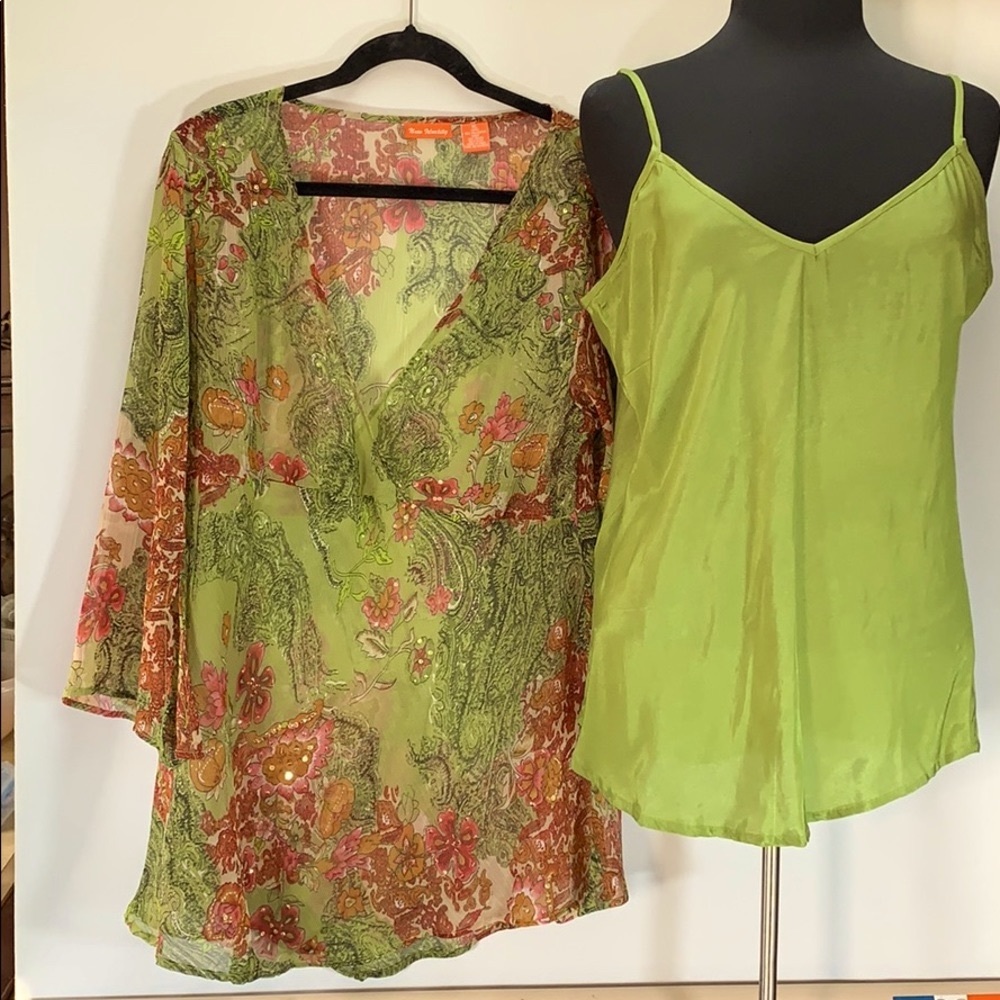 New Identity Boho Women’s Size XL 2 Piece Mossy Green Blouse With Camisole Set